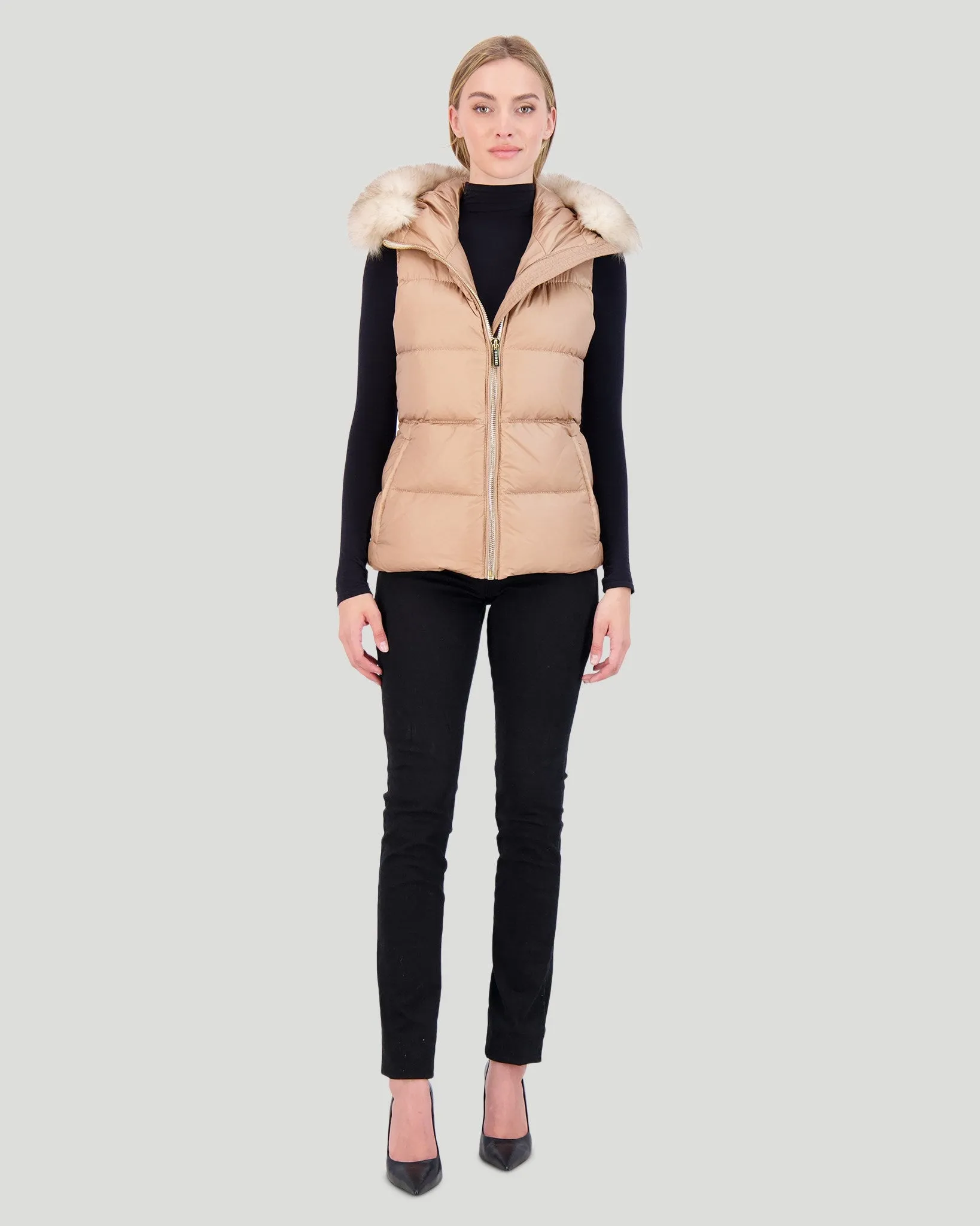 APRES-SKI VEST WITH DETACHABLE TOSCANA LAMB HOOD TRIM