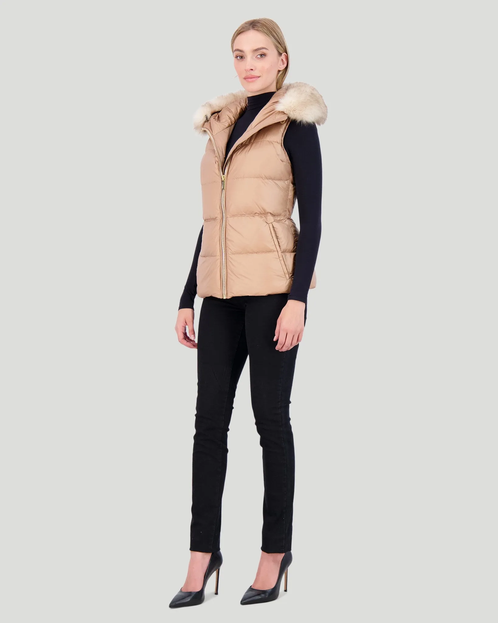 APRES-SKI VEST WITH DETACHABLE TOSCANA LAMB HOOD TRIM