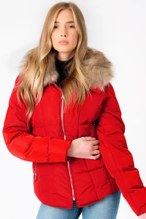 Bertie Funnel Neck Quilted Puffer Jacket With Detachable Fur Trim In Crimson - Tokyo Laundry