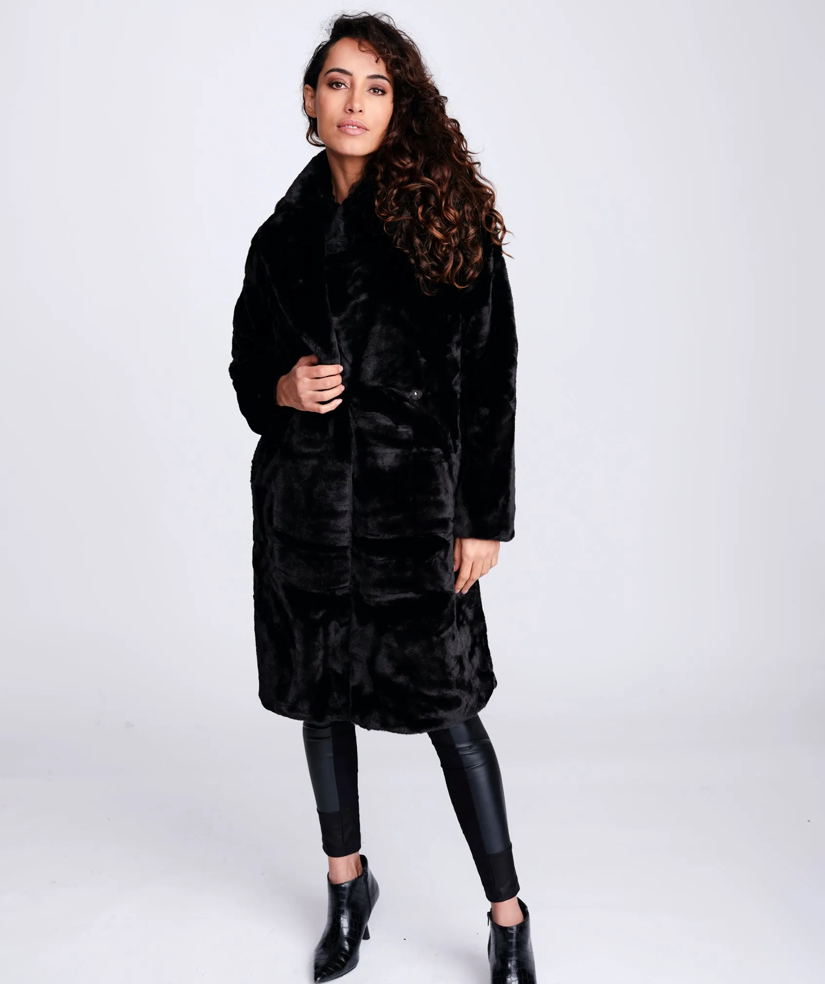 Black Button Front Midi Faux Fur Coat