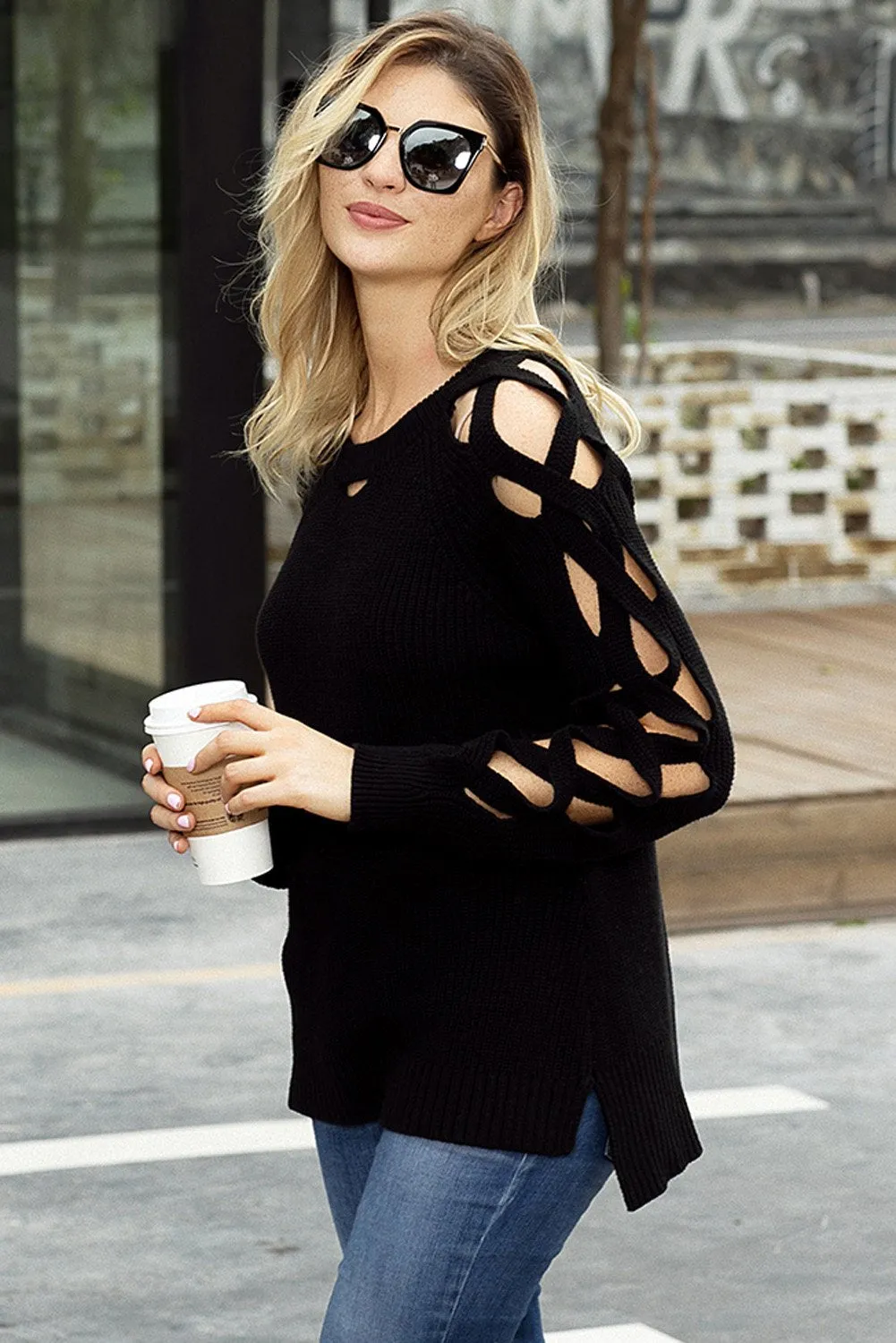 Black Cutout Detail Ribbed Knit Sweater