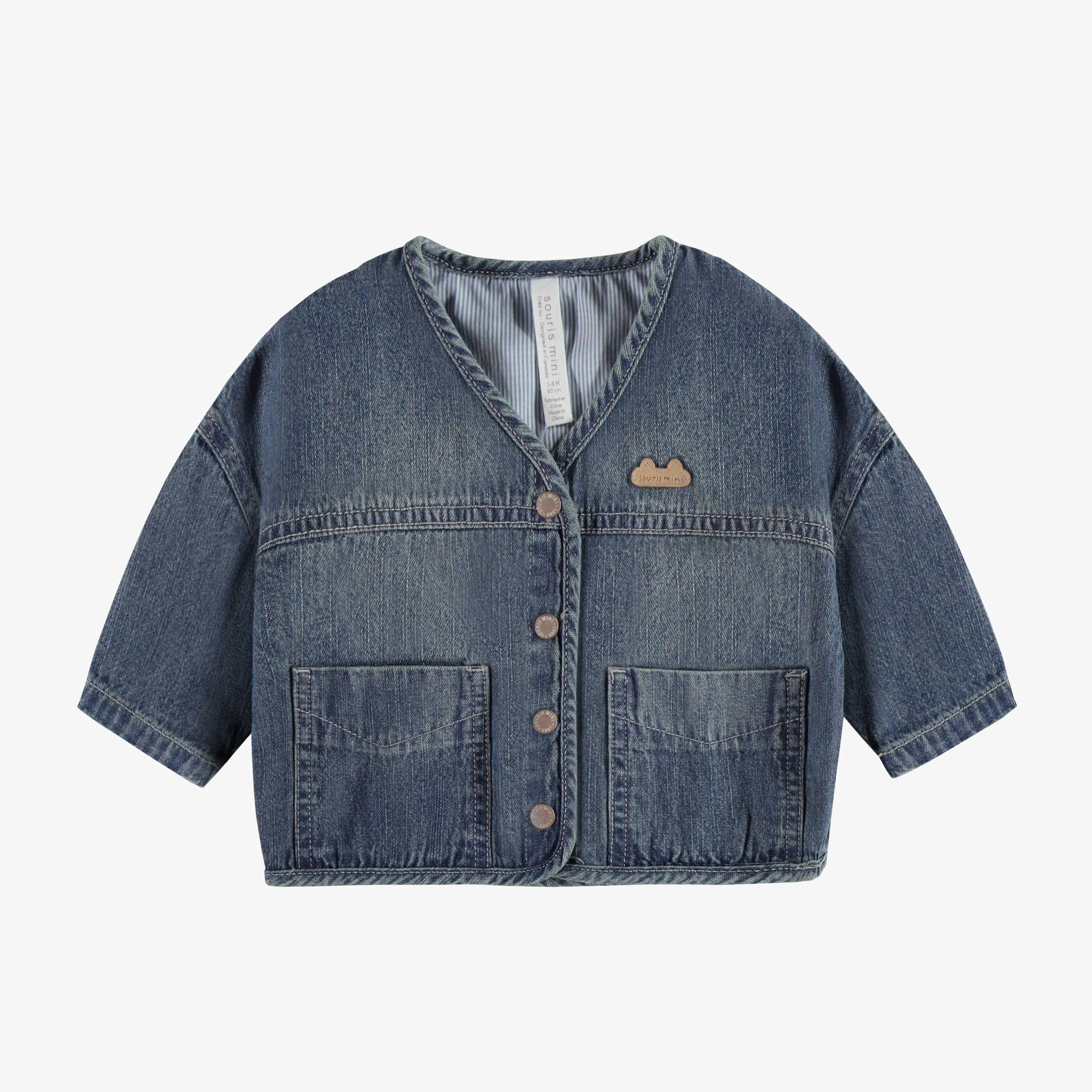 Blouson coupe ample à manches longues en denim léger bleu moyen, naissance || Lightweight denim jacket with long sleeves loose fit, newborn