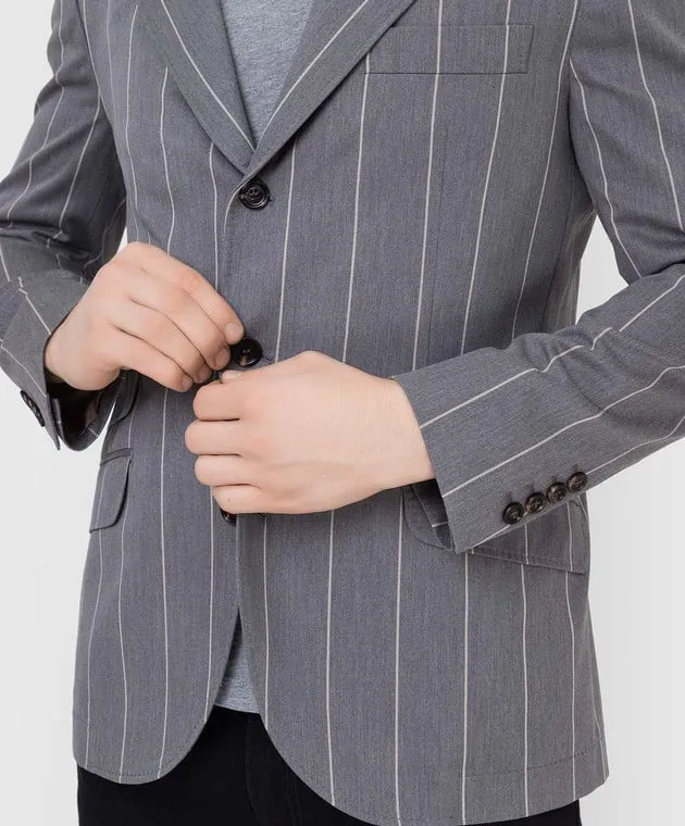 Brunello Cucinelli Mens New Light Grey Suit with White Pin Stripes