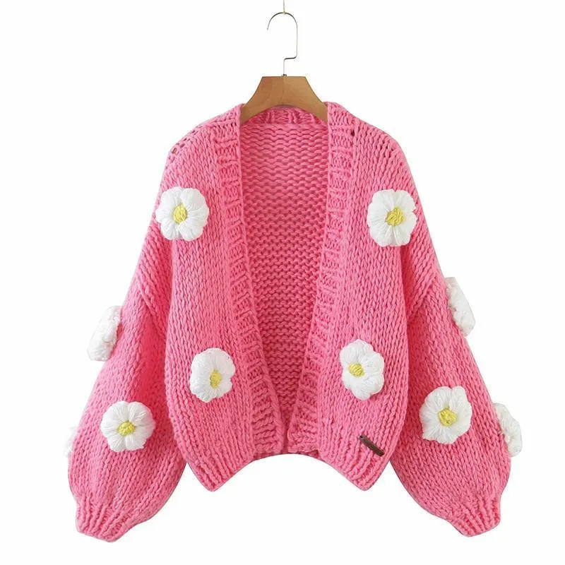 Handmade Cardigan Sweater Jumper Women Boho Puffs Flowear Knitting