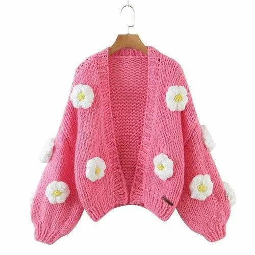 Handmade Cardigan Sweater Jumper Women Boho Puffs Flowear Knitting