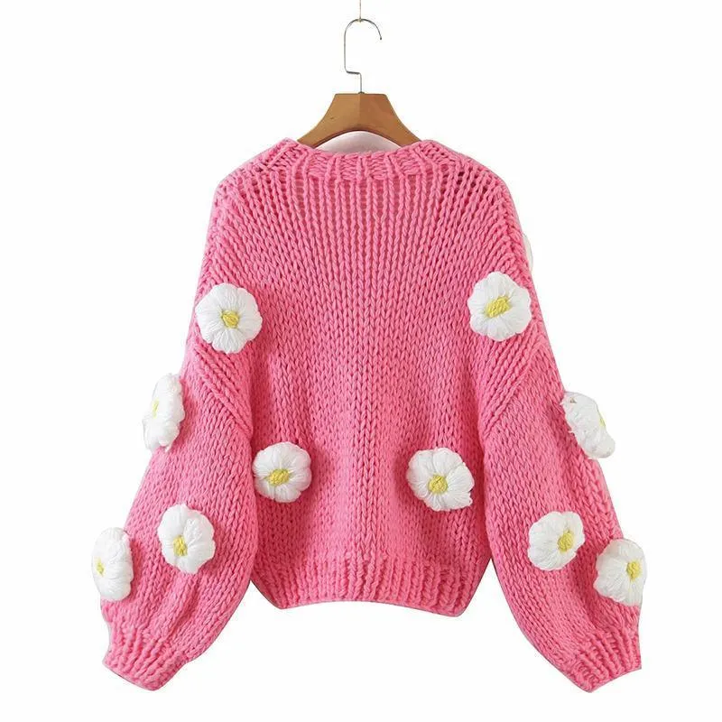 Handmade Cardigan Sweater Jumper Women Boho Puffs Flowear Knitting