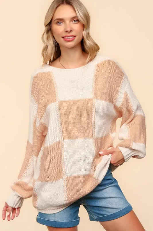 Haptics Full Size Checkered Round Neck Drop Shoulder Sweater