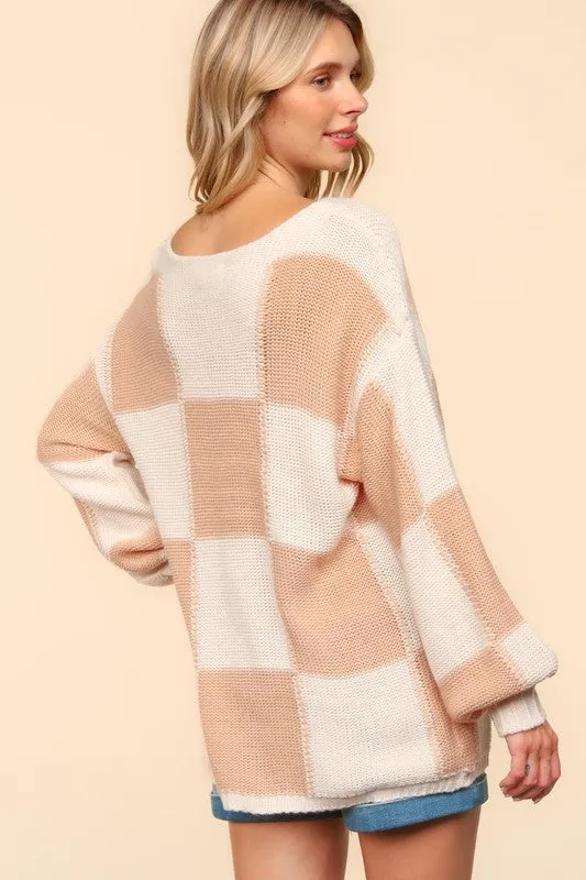 Haptics Full Size Checkered Round Neck Drop Shoulder Sweater