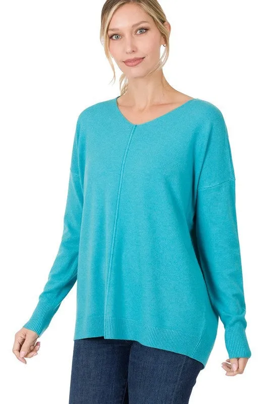 Hi-Low Garment Dyed V-Neck Front Seam Sweater