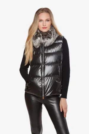 Linda Richards down vest with silver fox collar-black