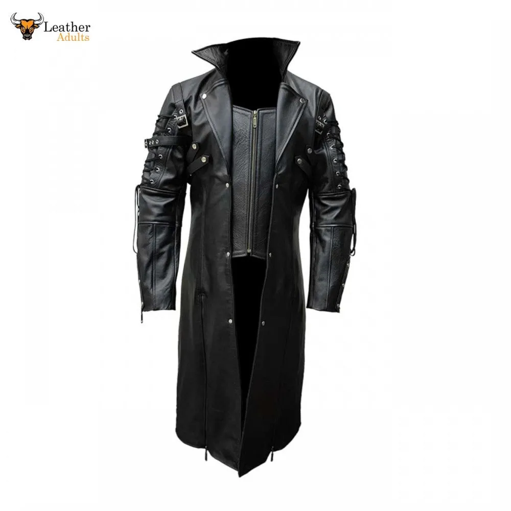 Mens Real Black Leather Goth Matrix Trench Coat VAN HELSING COAT Steampunk Gothic T18