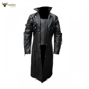 Mens Real Black Leather Goth Matrix Trench Coat VAN HELSING COAT Steampunk Gothic T18