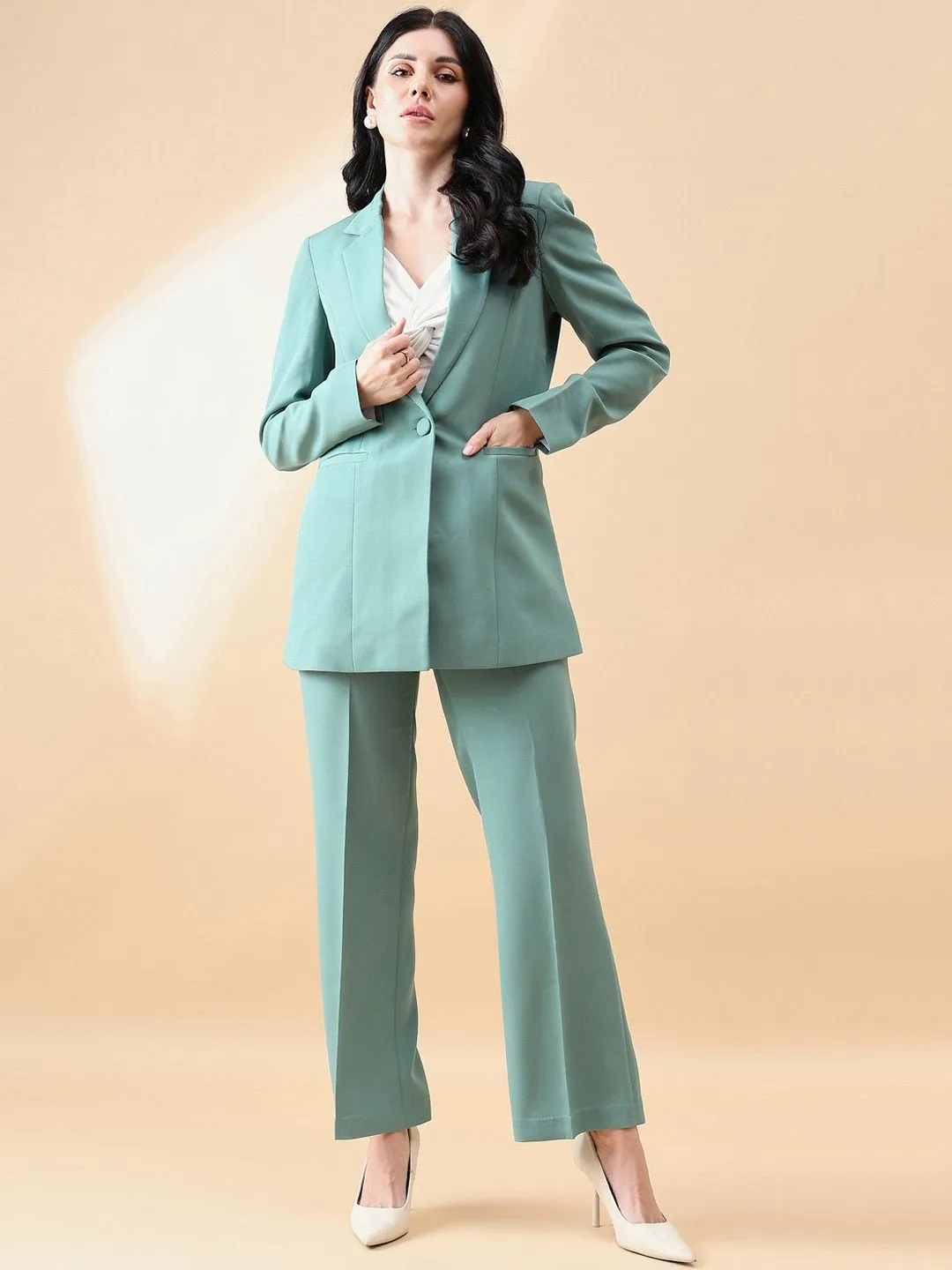 Notch Collar Stretch Pant Suit- Sage Green