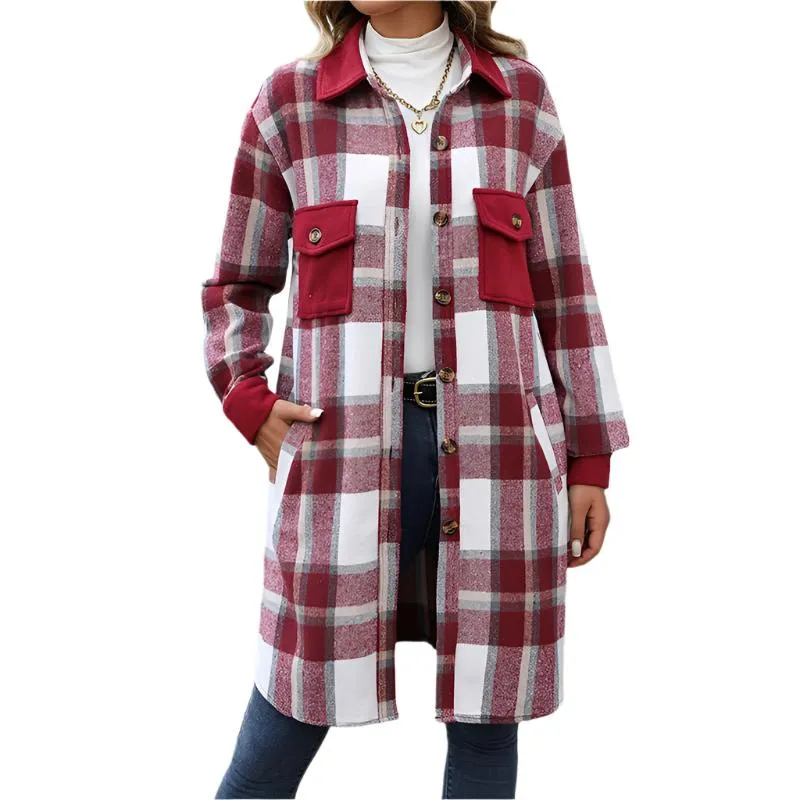 Plaid Long Winter Coat With Chest Pockets