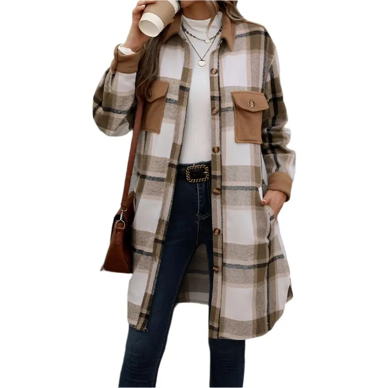 Plaid Long Winter Coat With Chest Pockets