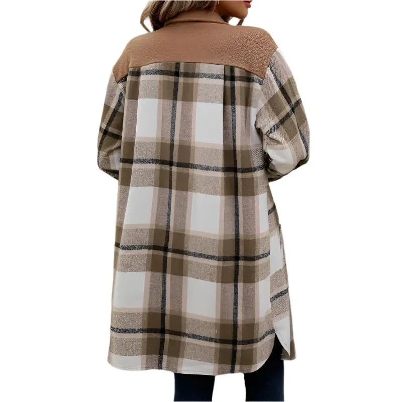 Plaid Long Winter Coat With Chest Pockets