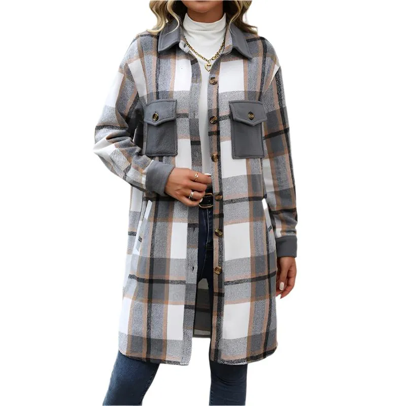 Plaid Long Winter Coat With Chest Pockets