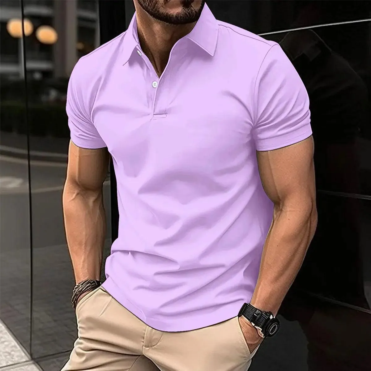 Polo T-shirts for Men Solid Color Button Lapel Button Top, short sleeved