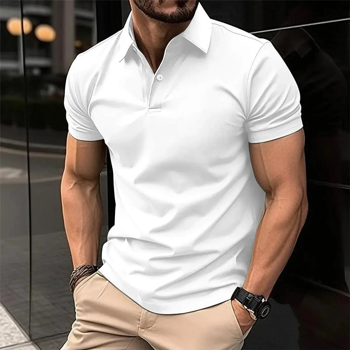 Polo T-shirts for Men Solid Color Button Lapel Button Top, short sleeved