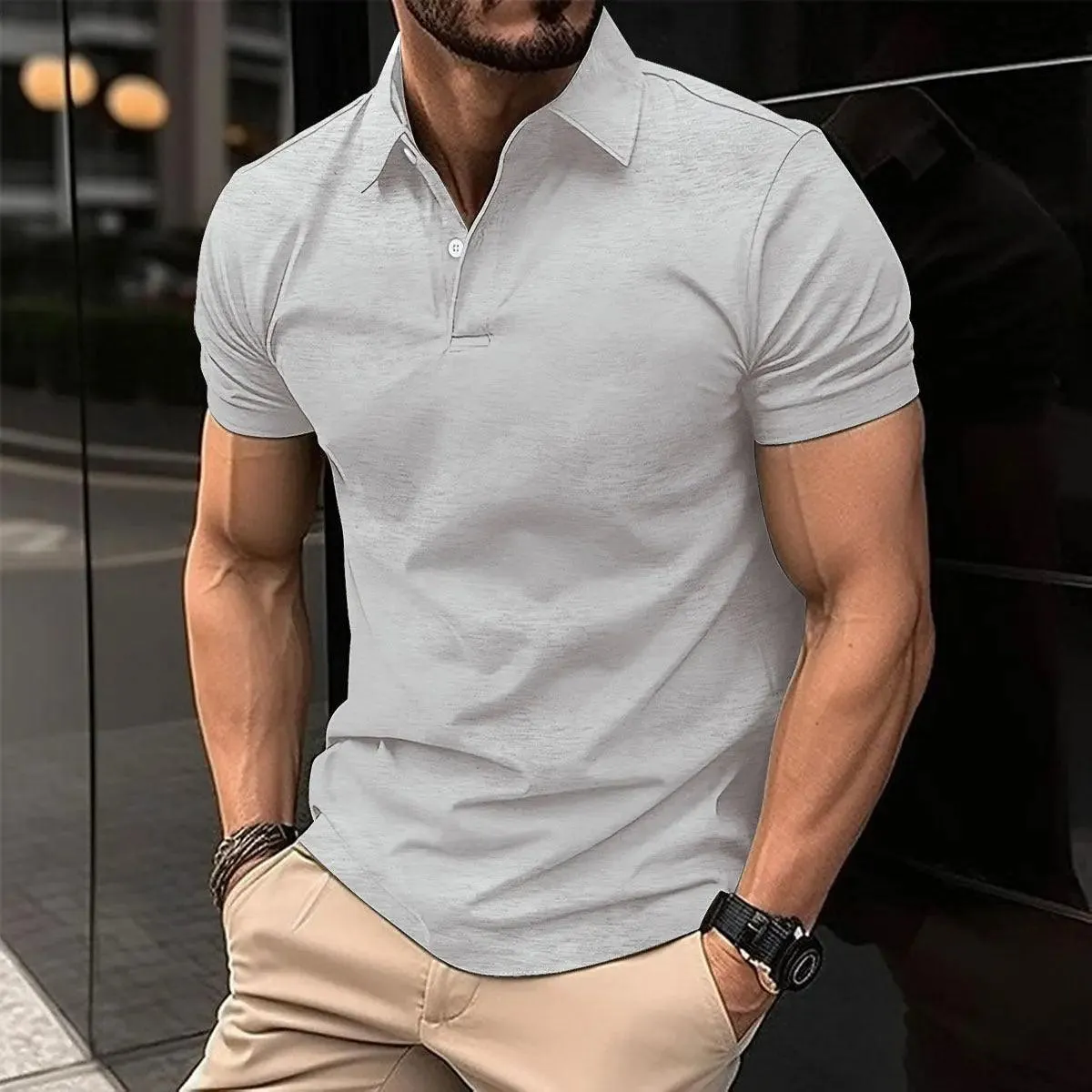 Polo T-shirts for Men Solid Color Button Lapel Button Top, short sleeved