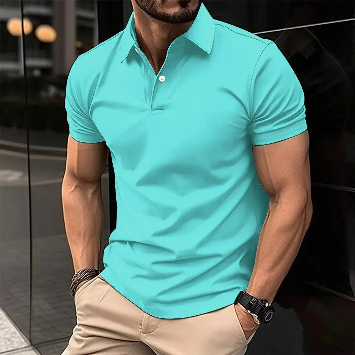 Polo T-shirts for Men Solid Color Button Lapel Button Top, short sleeved