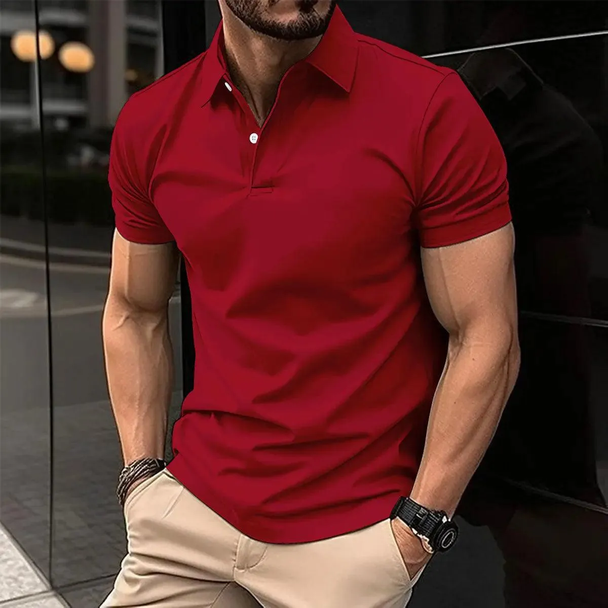 Polo T-shirts for Men Solid Color Button Lapel Button Top, short sleeved