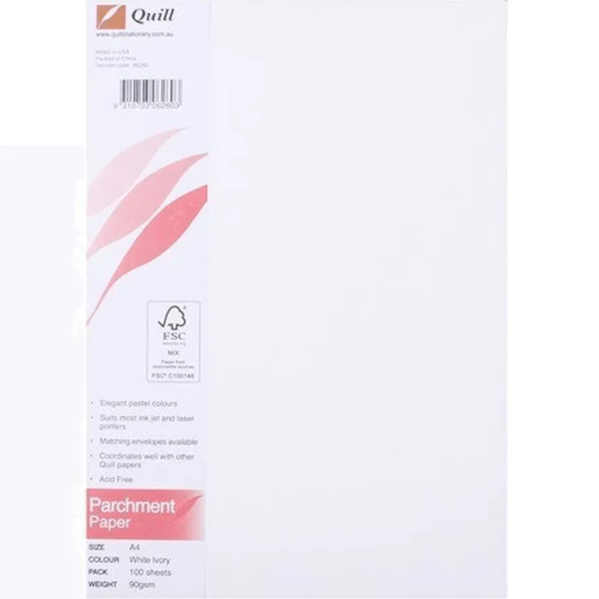 Quill Parchment Paper 90gsm A4 White Ivory Pack 100 Sheets