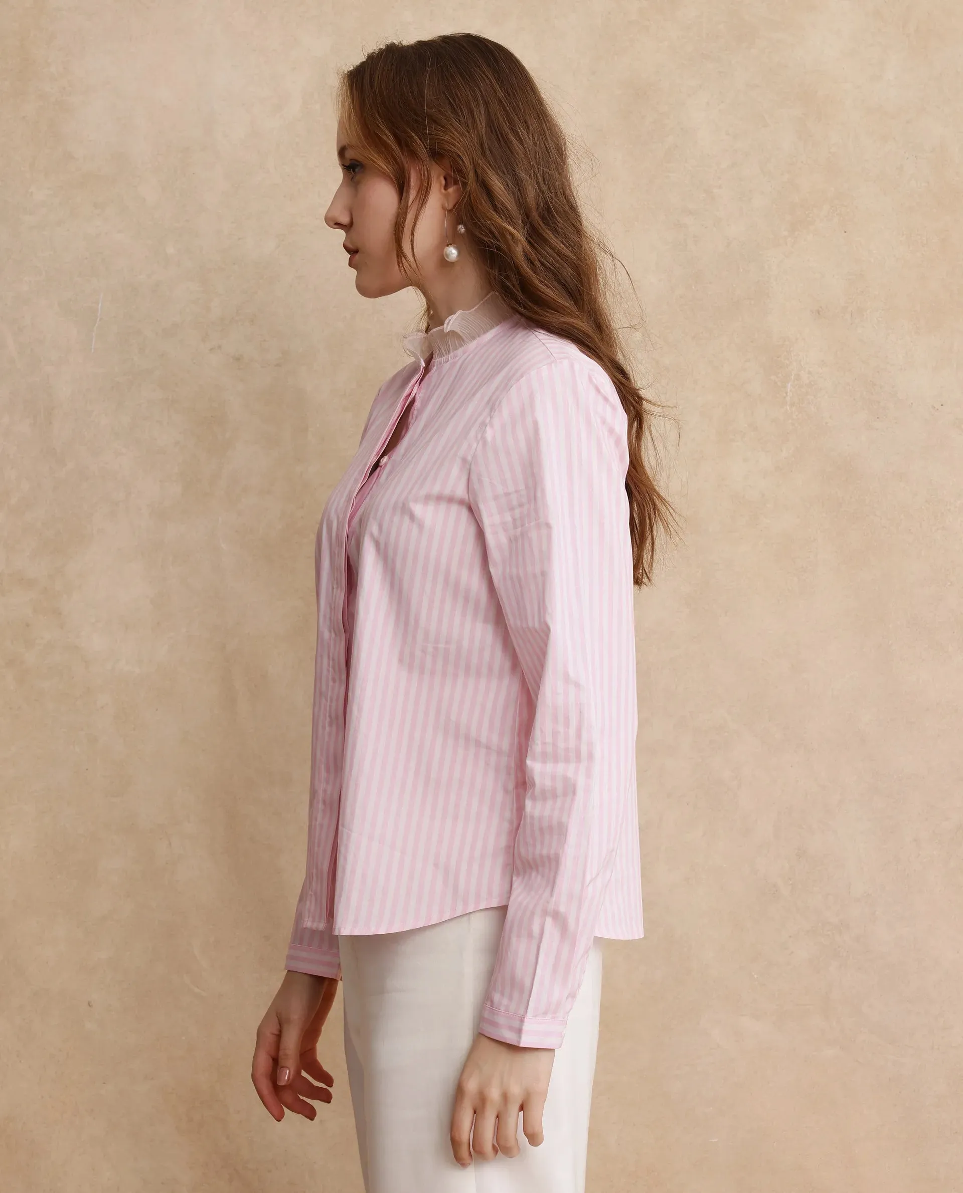 Rareism Women Valencienne Light Pink Cuffed Sleeve Ruffled Neck Regular Fit Plain Shirt