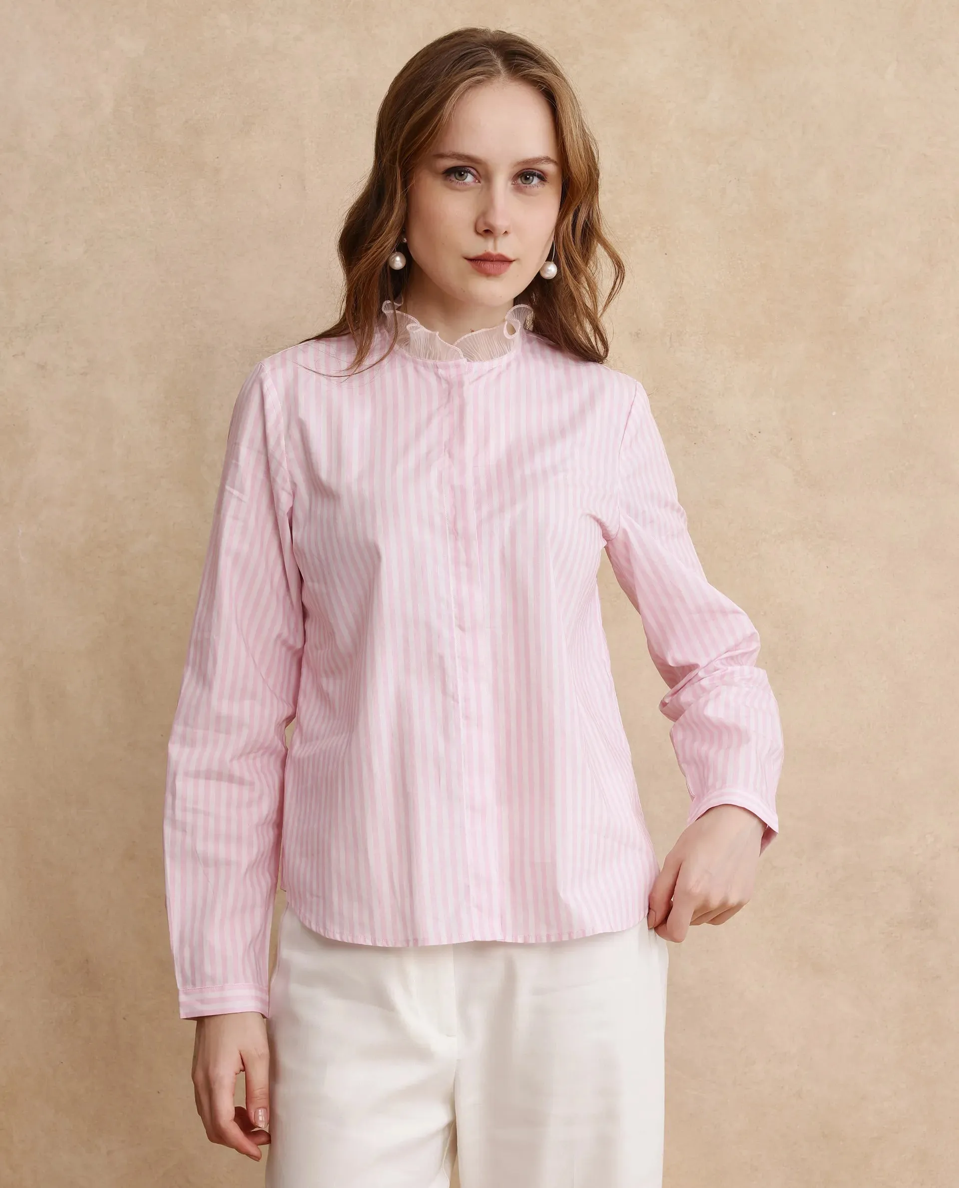 Rareism Women Valencienne Light Pink Cuffed Sleeve Ruffled Neck Regular Fit Plain Shirt