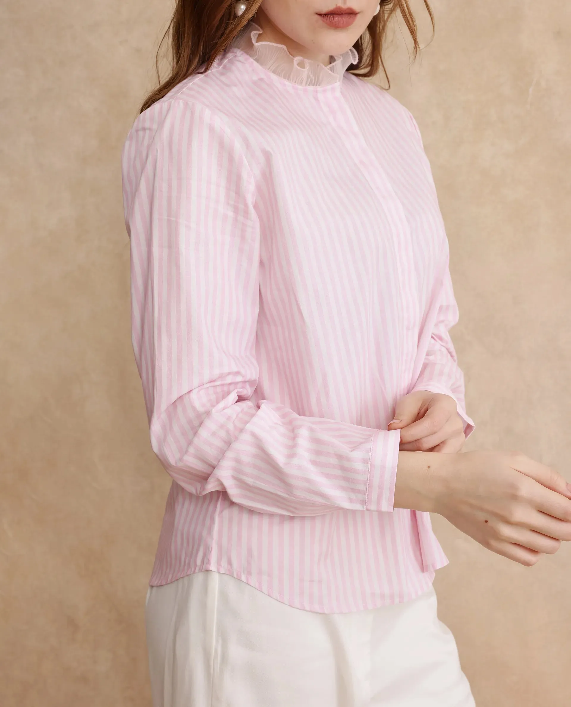 Rareism Women Valencienne Light Pink Cuffed Sleeve Ruffled Neck Regular Fit Plain Shirt