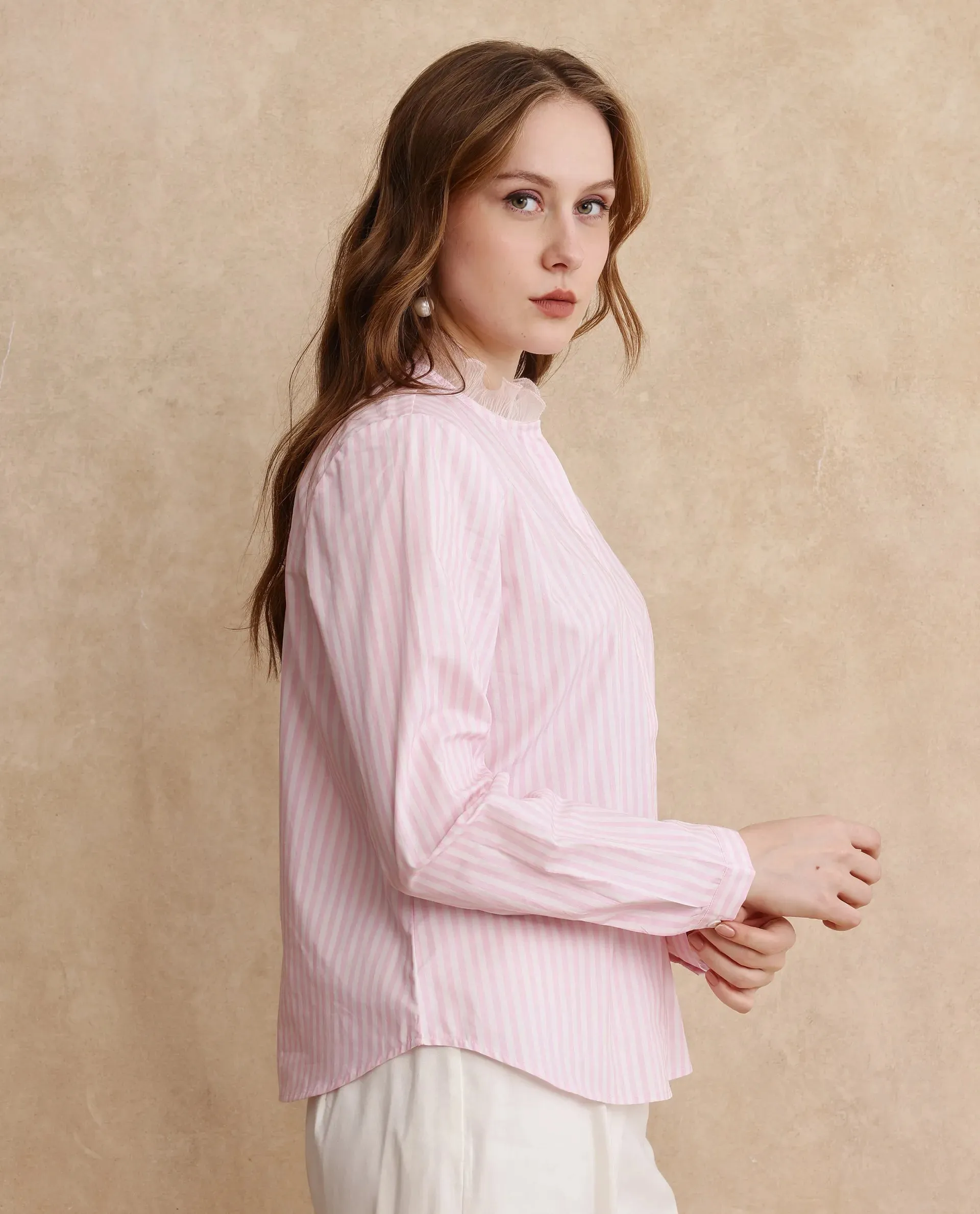 Rareism Women Valencienne Light Pink Cuffed Sleeve Ruffled Neck Regular Fit Plain Shirt