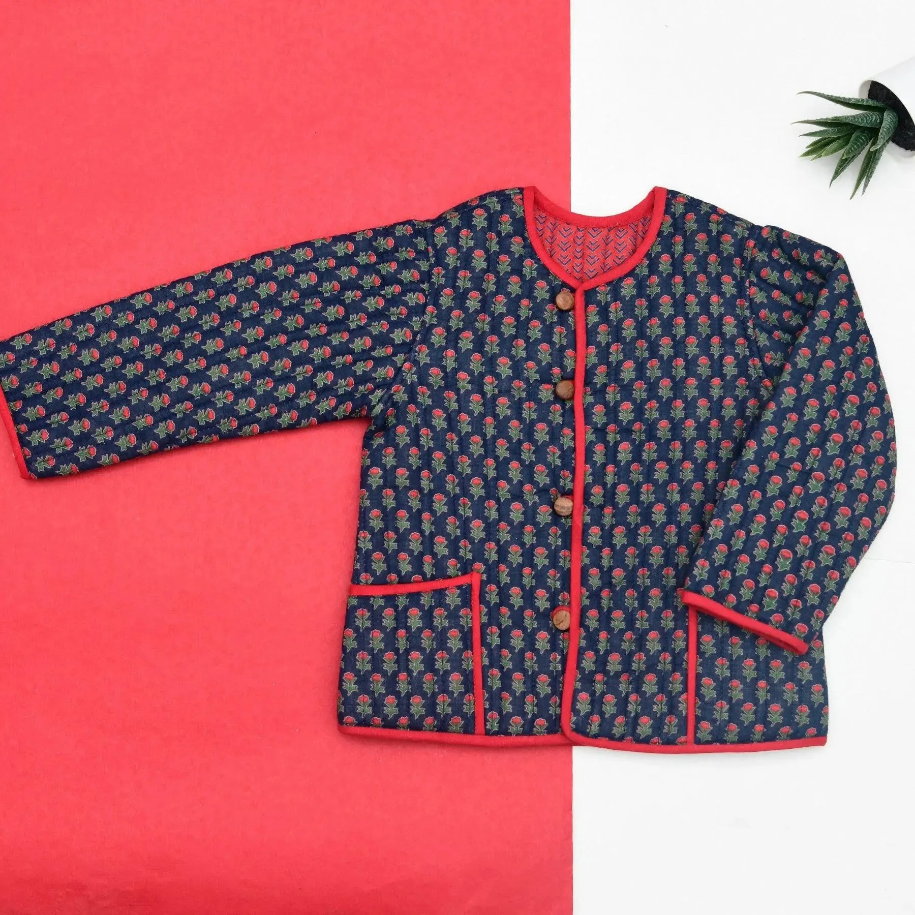 Red and Blue Quilted 100% Cotton Reverisble Full Sleeve Jacket Unisex (0-12 Years)