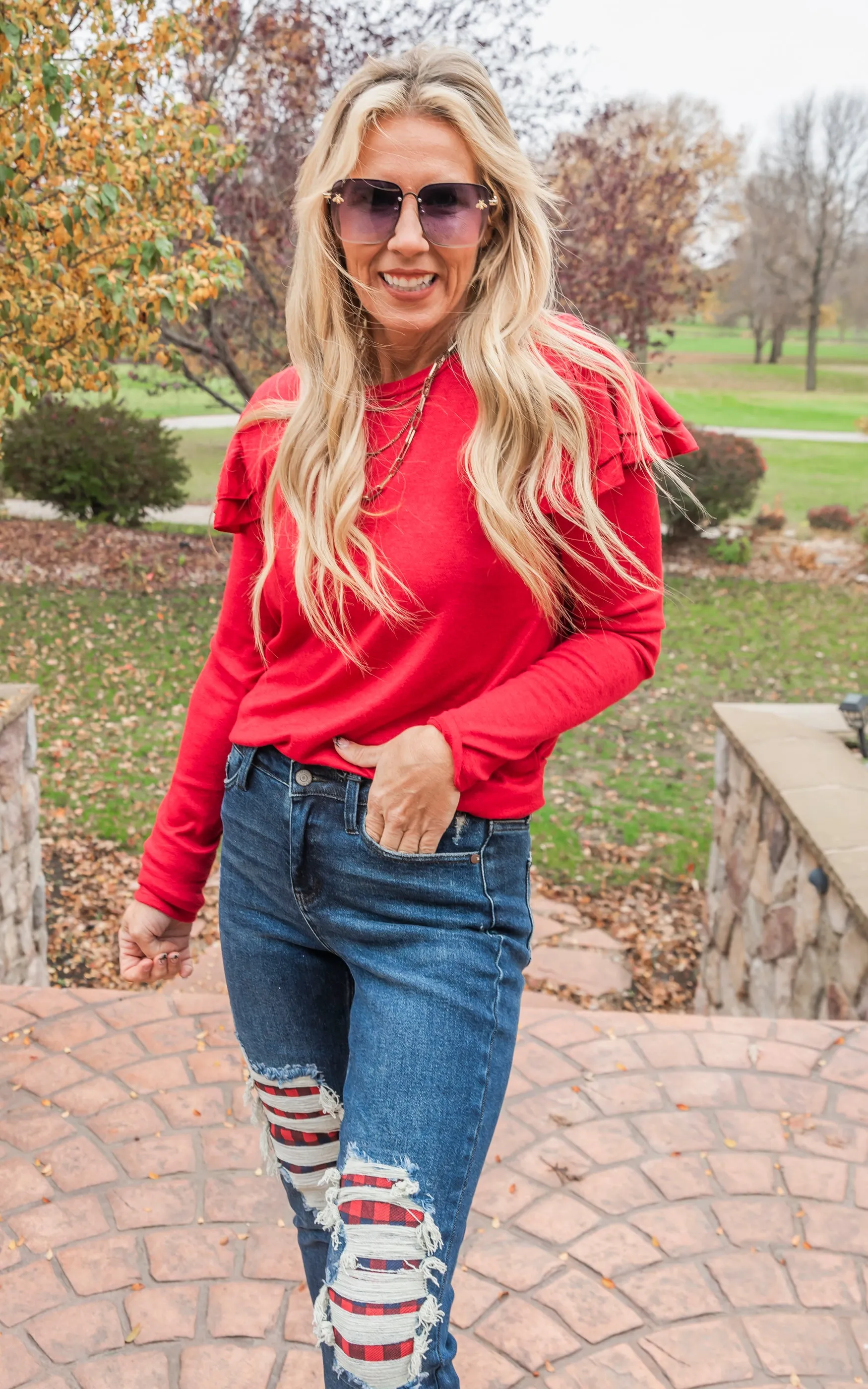 Red Double Ruffle Hacci Sweater