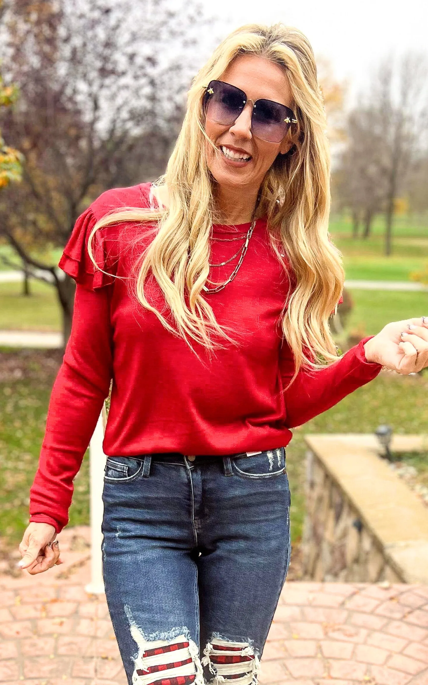 Red Double Ruffle Hacci Sweater