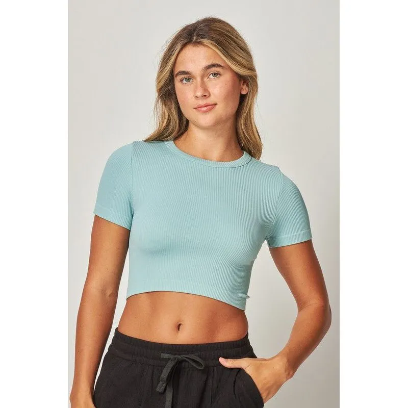 Stretchy Ribbed Seamless Round Neck Crop Top