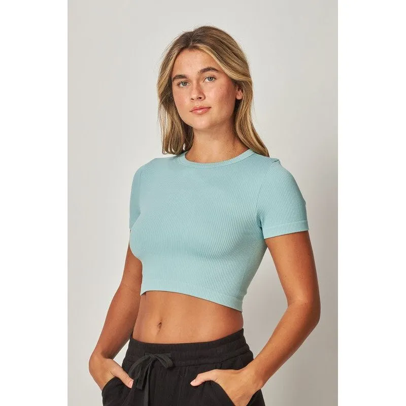 Stretchy Ribbed Seamless Round Neck Crop Top