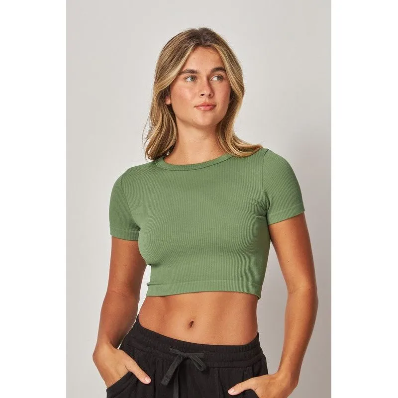 Stretchy Ribbed Seamless Round Neck Crop Top