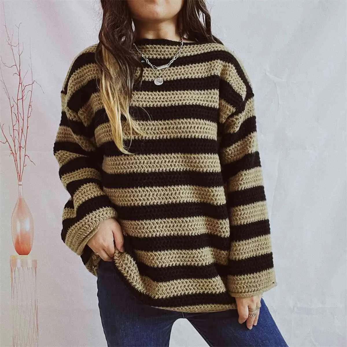 Striped Round Neck Long Sleeve Sweater