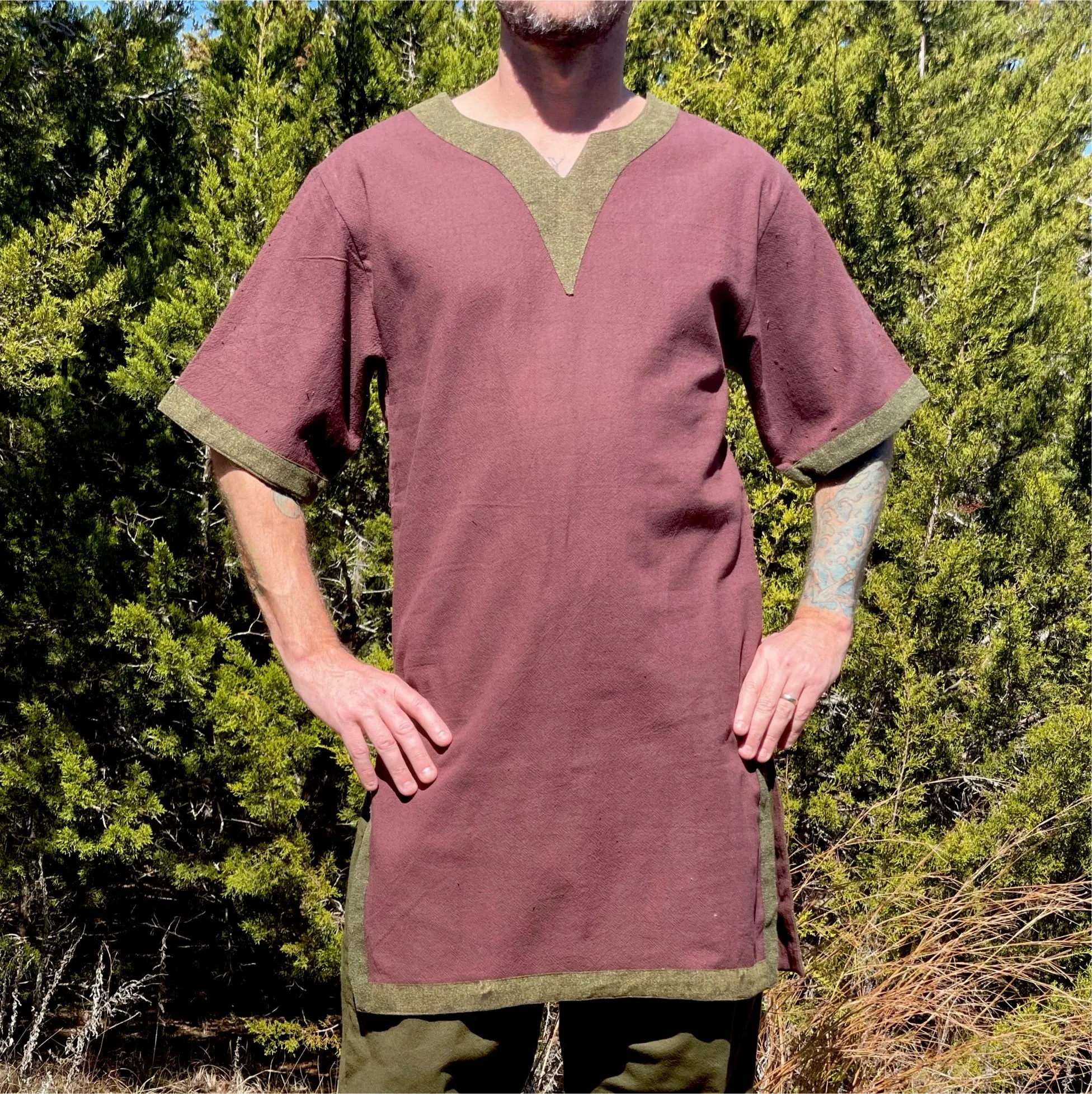 'Viking Shirt Short Sleeves' Tunic - Brown/Green Trim