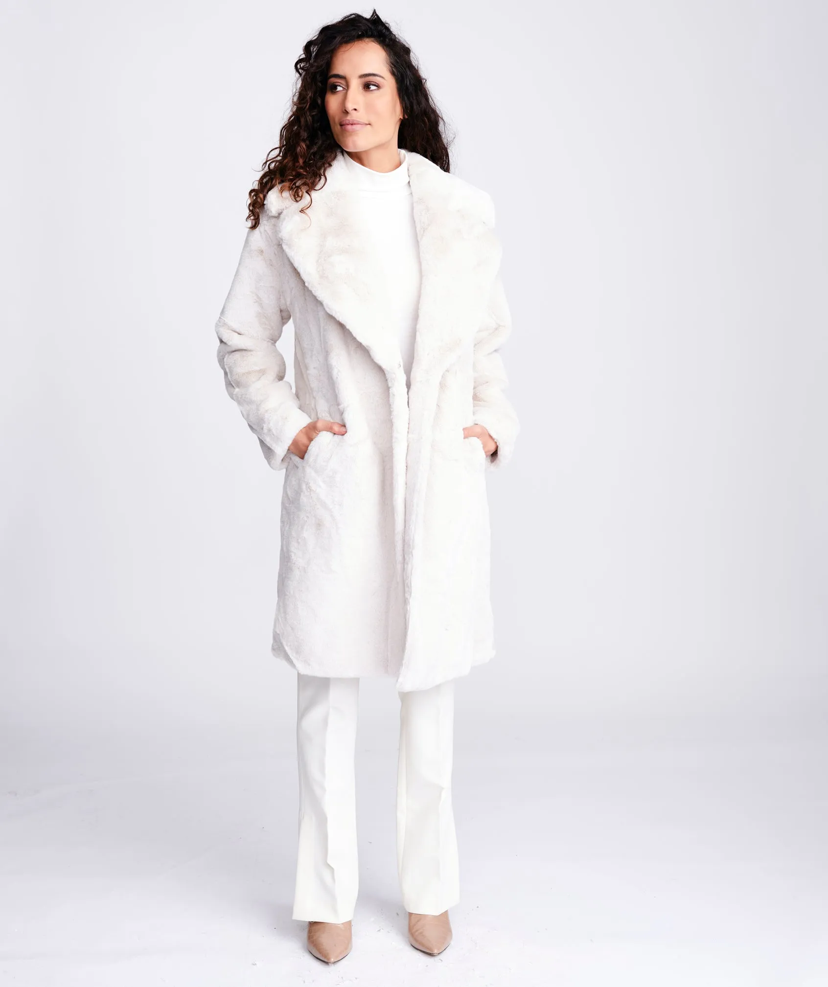 Winter White Button Front Midi Faux Fur Coat