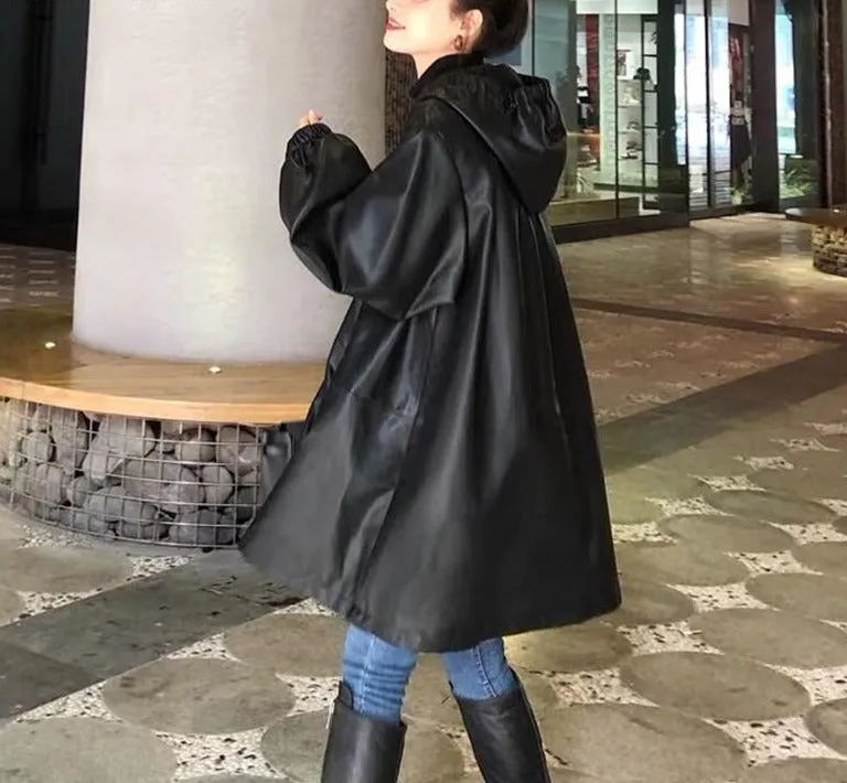 Women Black Leather Coat | Waterproof Leather Coat | Korean Style Coat For Women | Long Sleeve Coat | Long Trench Coat | Long Leather Coat