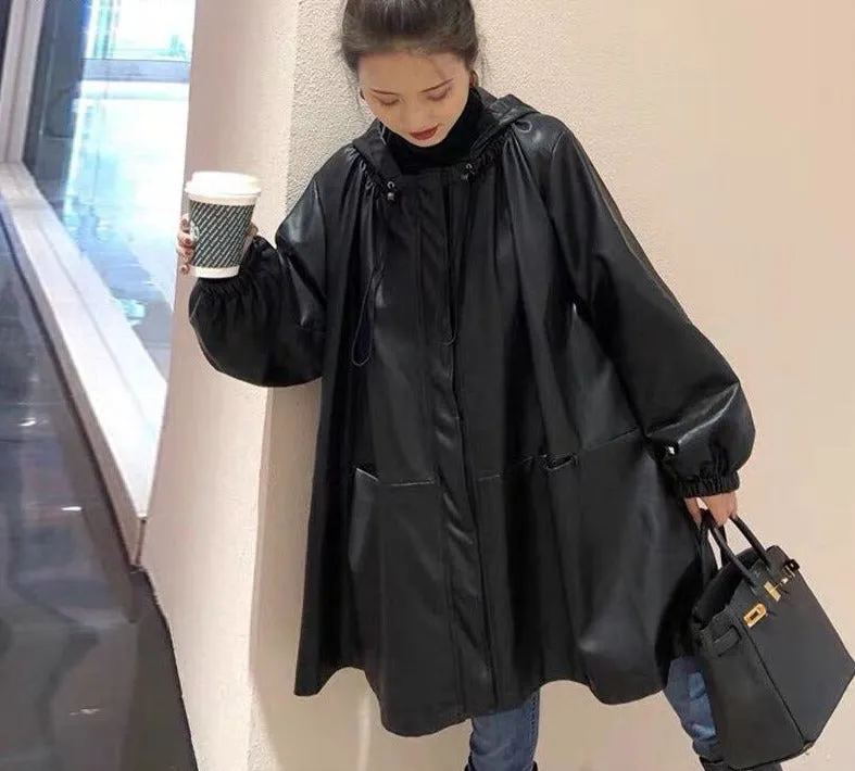 Women Black Leather Coat | Waterproof Leather Coat | Korean Style Coat For Women | Long Sleeve Coat | Long Trench Coat | Long Leather Coat